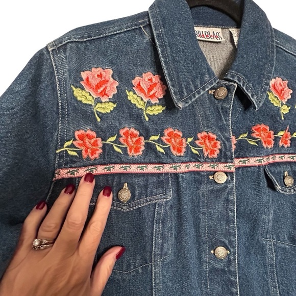 Bill Blass Vintage Denim Jacket w/Floral Trim & Embroidery Sz M - Picture 5 of 9